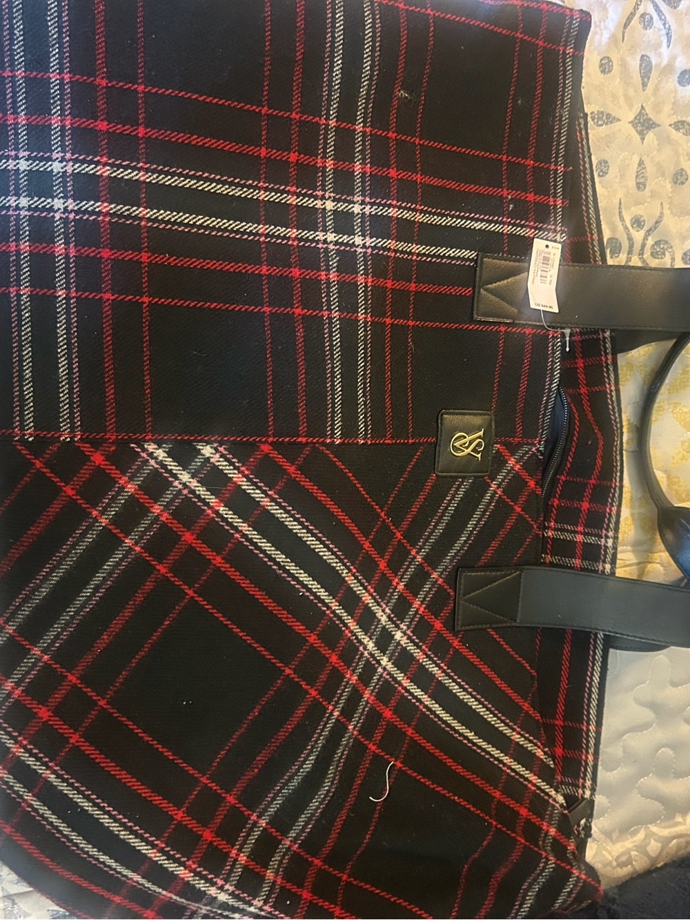Victoria's Secret Black Plaid Travel Tote with Red and White Accents